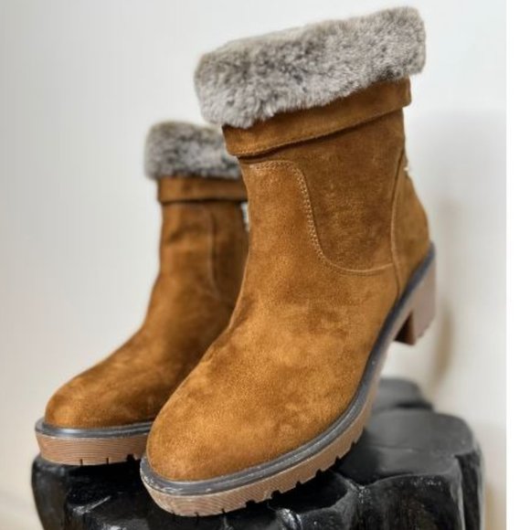 Womens Suede Faux Fur Ankle Boots Side Zip Round Toe Size 9-8.5 US Brown - Picture 2 of 5